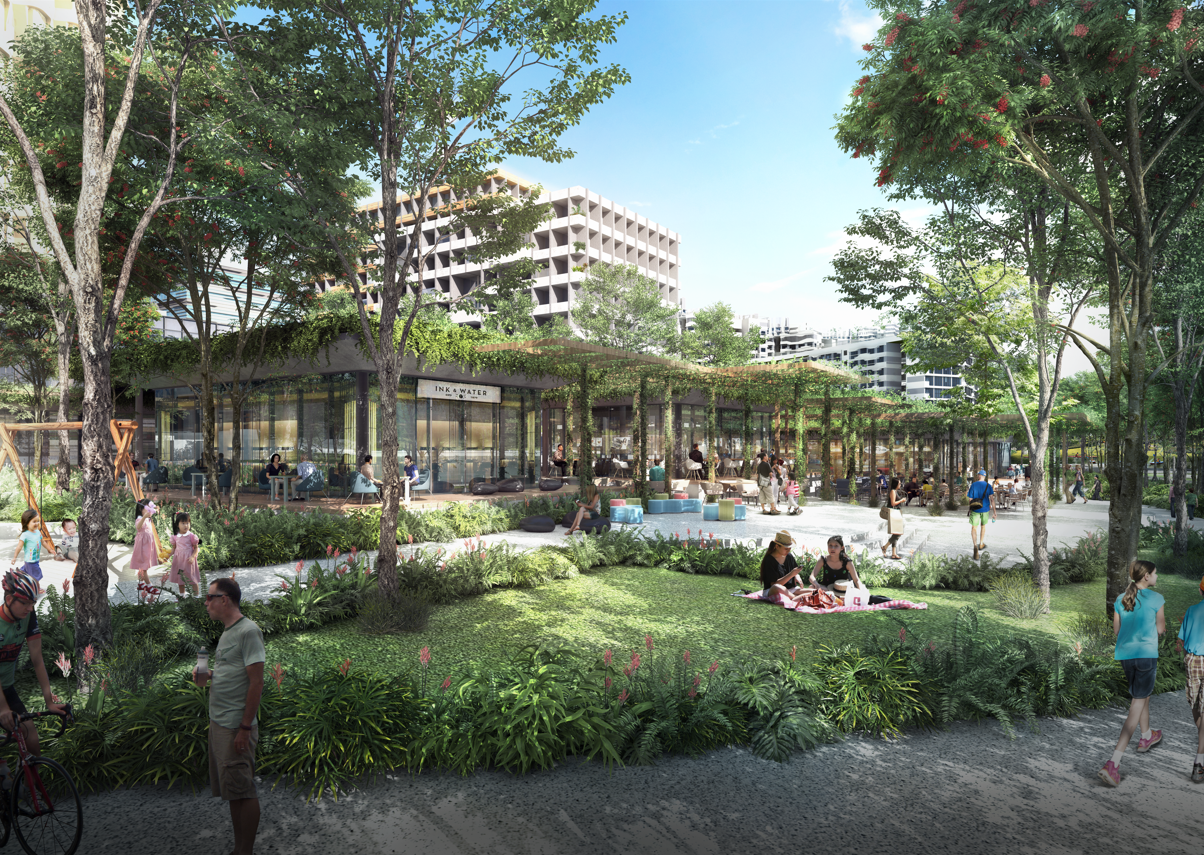 A park with lush greenery, people relaxing, and a glass-walled building with an overhanging green pergola.